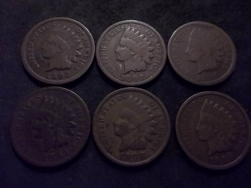 6-Indian Head Cents 1883, 1892, 1893, 1895, 1896, 1898