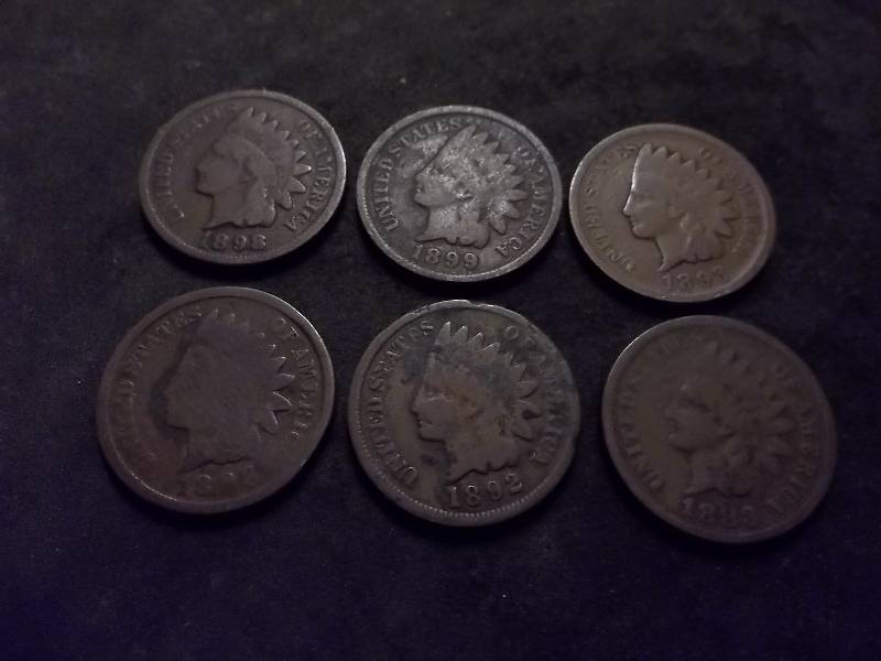 6-Indian Head Cent 1883, 1892, 1893, 1896, 1899