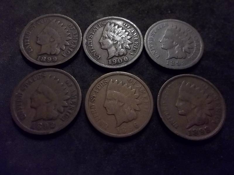 6-Indian Head Cents 1892, 1893, 1896, 1898, 1899, 1900