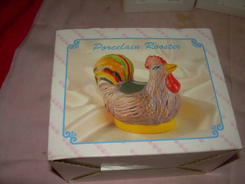 lot 47 image: PORCELIAN ROOSTERS , CHEESE SHAKERS , ETC.