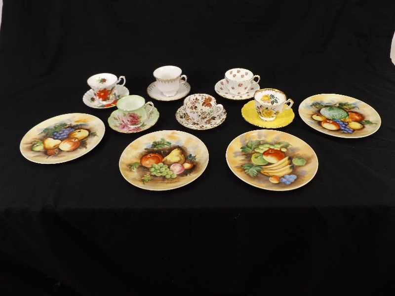 6 Vintage Teacups and Saucers, and 4 Vintage Hand PaintedSigned Plates
