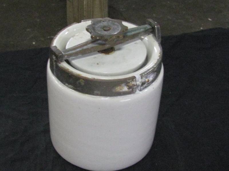 lot 10 image: StonewareCrock Locking Storage Jar