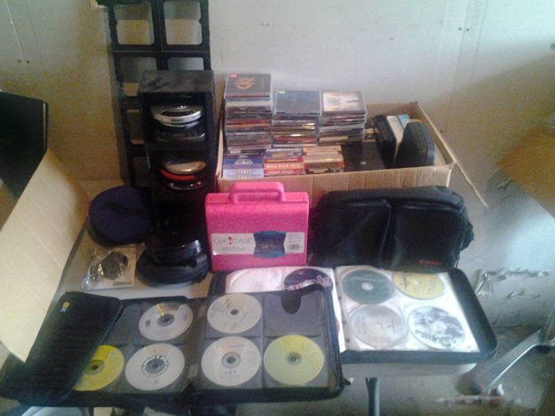 Large Lot 2-Boxes Of CDs, DVDs, Cases, Organizer, Walkman, Portable CD Players