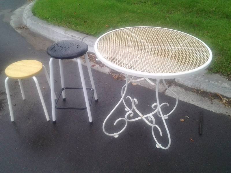 Round Wrought Iron Table & 2 Stools