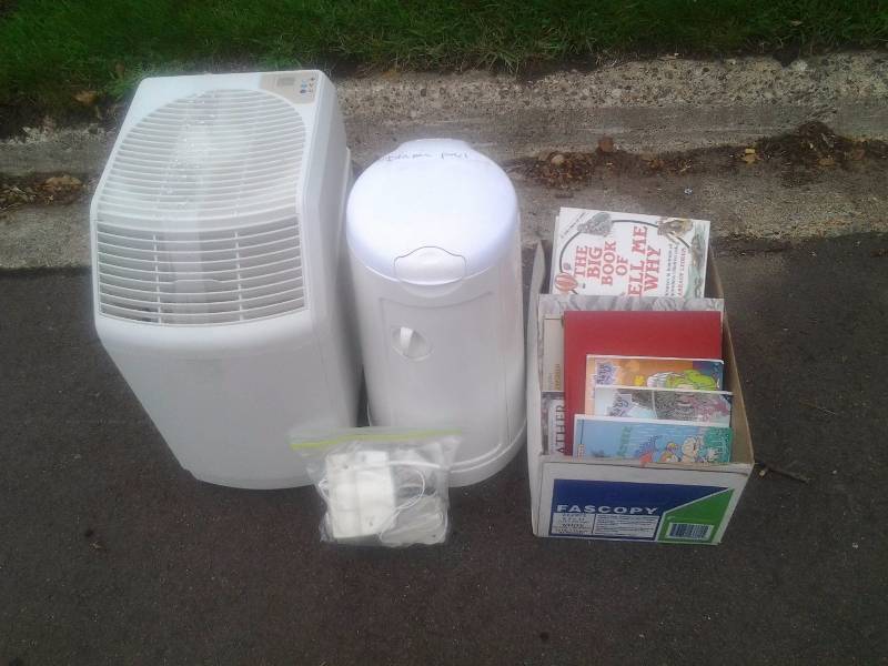Humidifier, Diaper Pail, Baby Monitor, Box Of Books