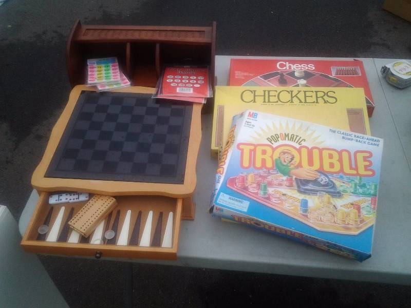 Chess, Checkers, Trouble Games, Wood Game Chest With Craps, Chess, & Other Game Pieces
