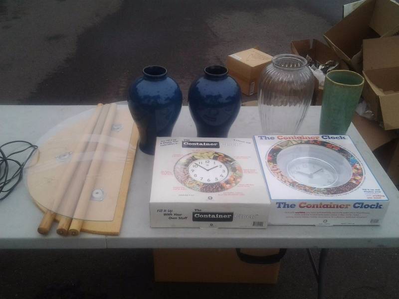 2-Container Clocks, 4-Vases, 12 Round Table With Glass