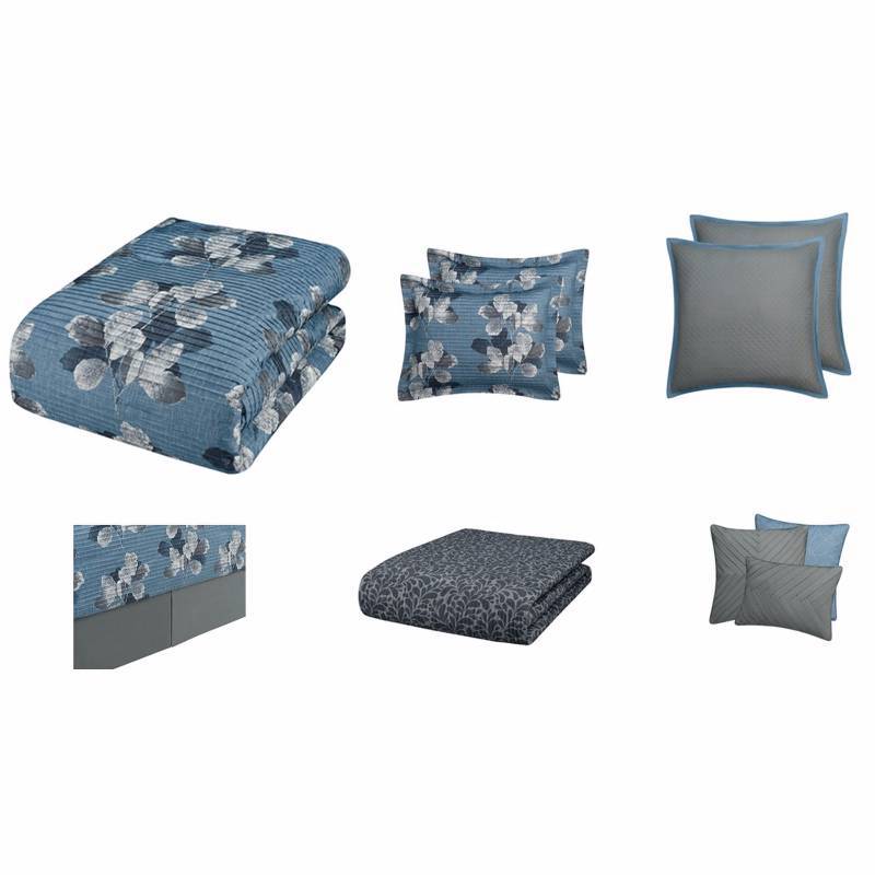 lot 468 image: Style 212 Steel Blue Pleated Leaf Scroll 10-Pc. Comforter Set Blue - Queen