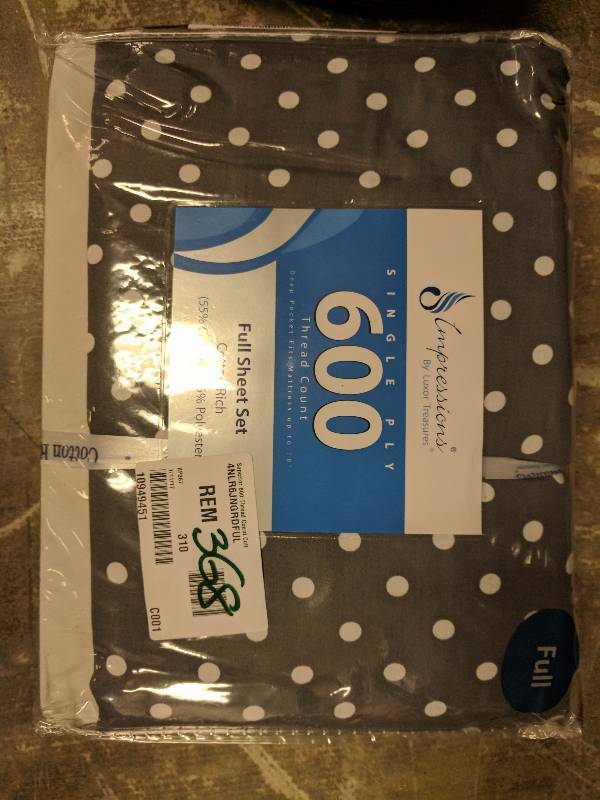 lot 368 image: Superior 600 Thread Count Cotton Blend Polka Dot Pattern Sheet Set Gray - Full