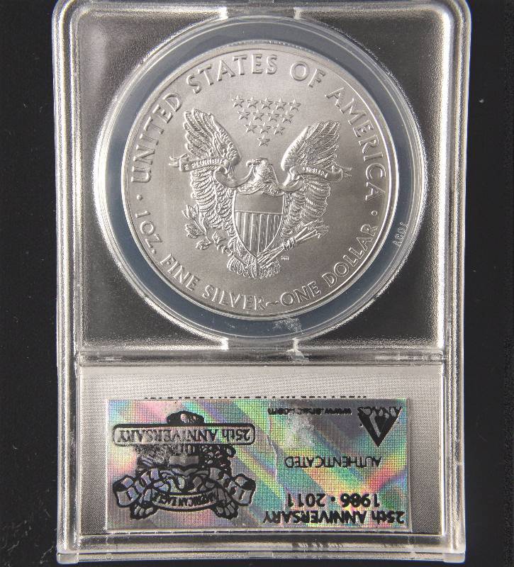 lot 84 image: 2011 AMERICAN SILVER EAGLE 1 TROY OZ. .999 FINE SILVER MS70 ANACS