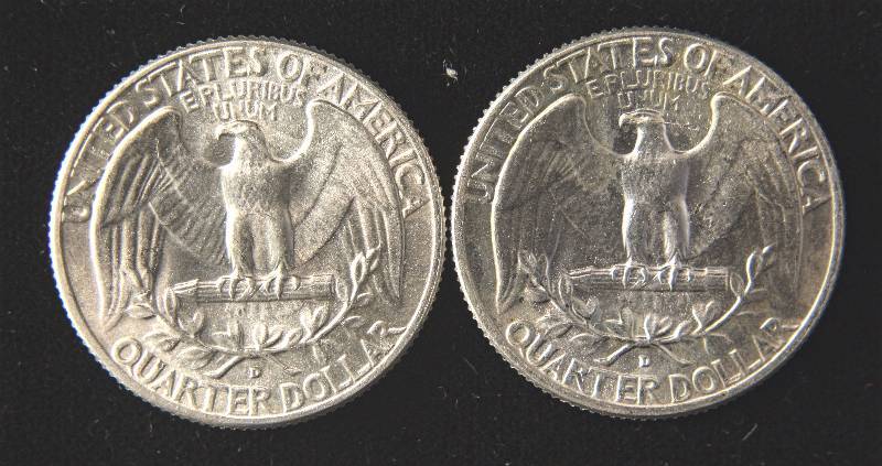 lot 85 image: GROUP OF 2 SILVER WASHINGTON QUARTERS 1964-D BU UNC
