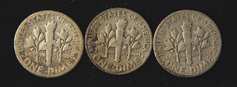 lot 112 image: GROUP OF 3 SILVER ROOSEVELT DIMES 1946P 1946D & 1946S