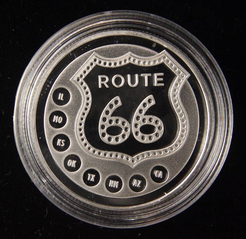 lot 138 image: 1 TROY OZ. .999 FINE SILVER ROUTE 66 ROUND  IN AIRTIGHT HOLDER