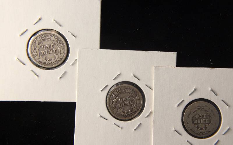 lot 144 image: GROUP OF 3 BARBER SILVER DIMES 1903-O 1905-S & 1912