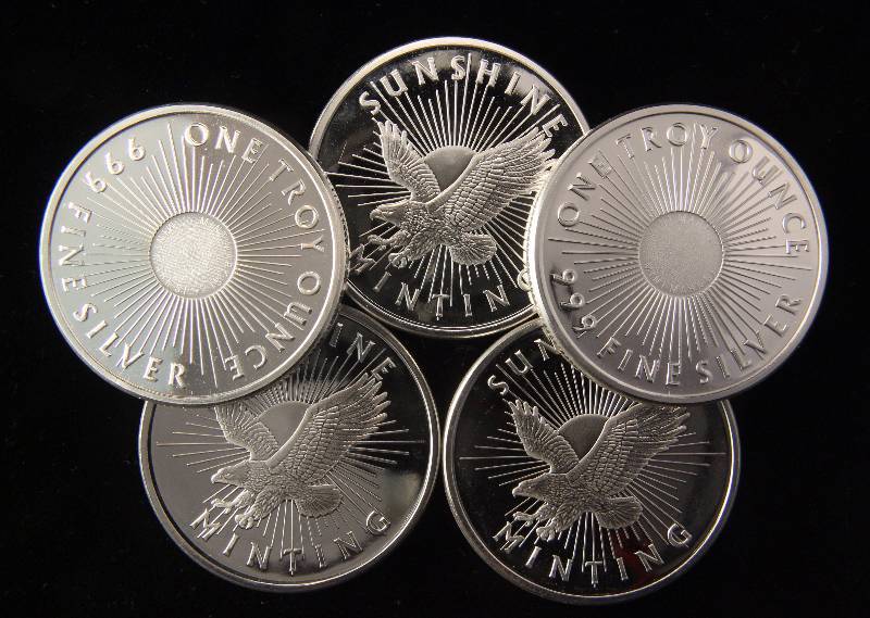 lot 157 image: GROUP OF 5 SUNSHINE MINT 1 TROY OZ .999 FINE SILVER ROUNDS