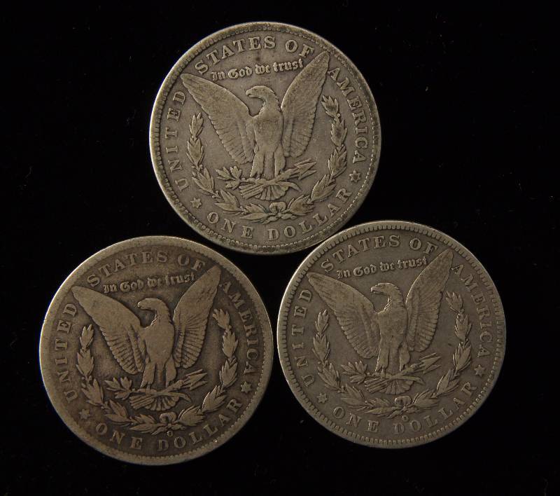 lot 155 image: GROUP OF 3 MORGAN SILVER DOLLARS AS PICTURED VG-F