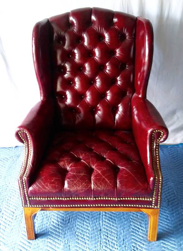 lot 20 image: VINTAGE FAUX LEATHER CORDOVAN WING ARM CHAIR