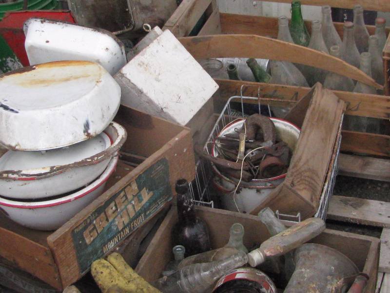 lot 19 image: Bottles-Wood Crates-Enamelware