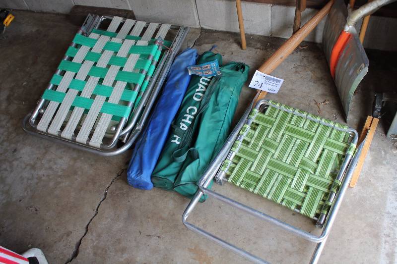lot 74 image: Lot of (5) Chairs Includes 2-Lawn Chairs, 3-Quad Folding Chairs