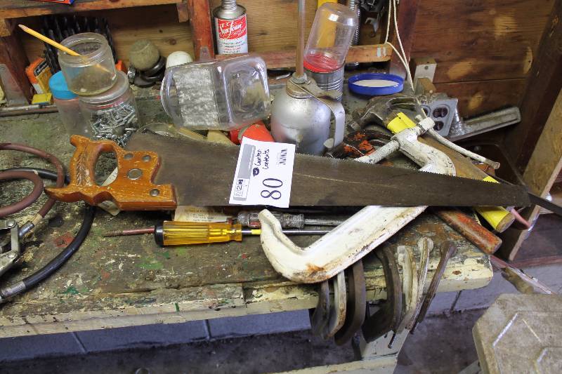 lot 80 image: Hand Saws, Hammers, C-Clamps, Screwdrivers, Hardware, And More