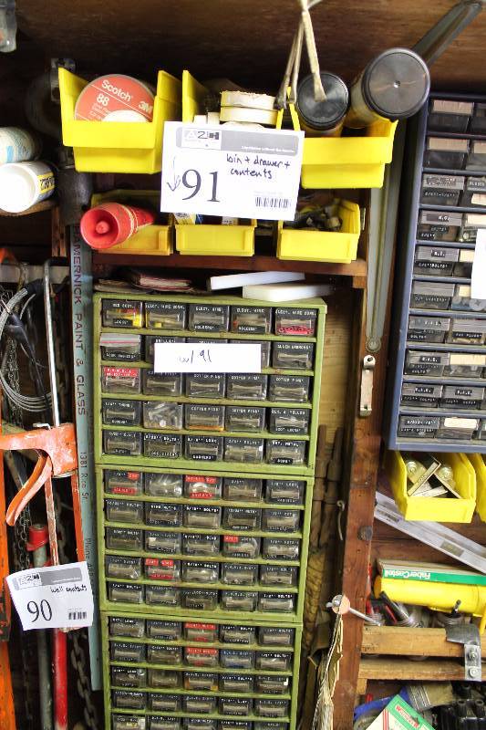 lot 91 image: Organizer Bins, Hardware, Lithium Grease, Scotch 3M Tape, And More