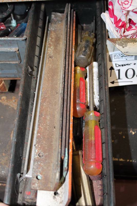 lot 108 image: Hand Tools Includes Screwdrivers, Steel Wool, Wood Stain, Various Shop Chemicals, Steel Strips