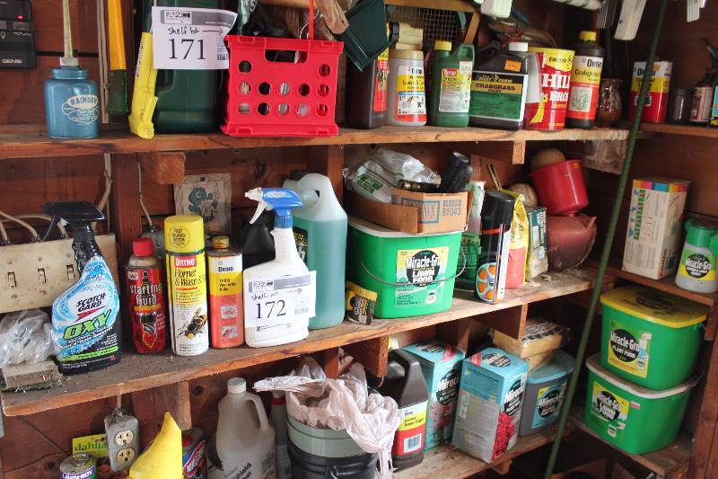 lot 172 image: Yard, House, Auto Chemicals Includes Fertilizer, Weed Killer, Bug Killer, Spot Remover, Starter Fluid, And More