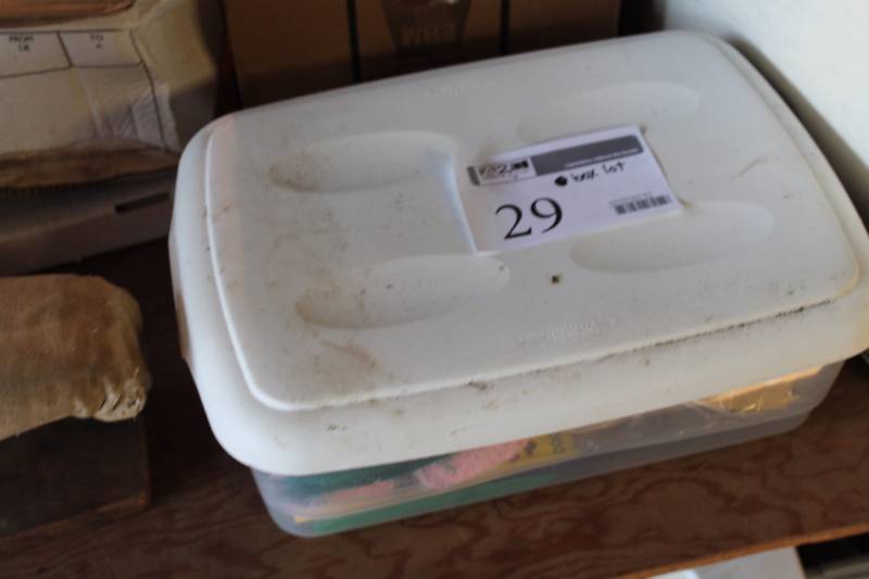 lot 29 image: Plastic Bin of Dog Sweaters, Collars, And More