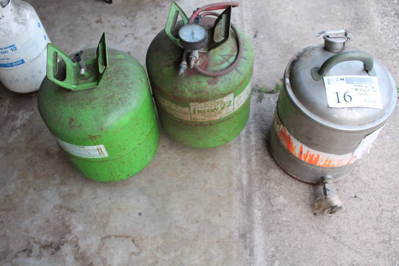 lot 16 image: Lot of (3) Utility Cans Includes 1-Tapped 4-Gallon, 2-Freon 22 w 1-Full, 1-Empty