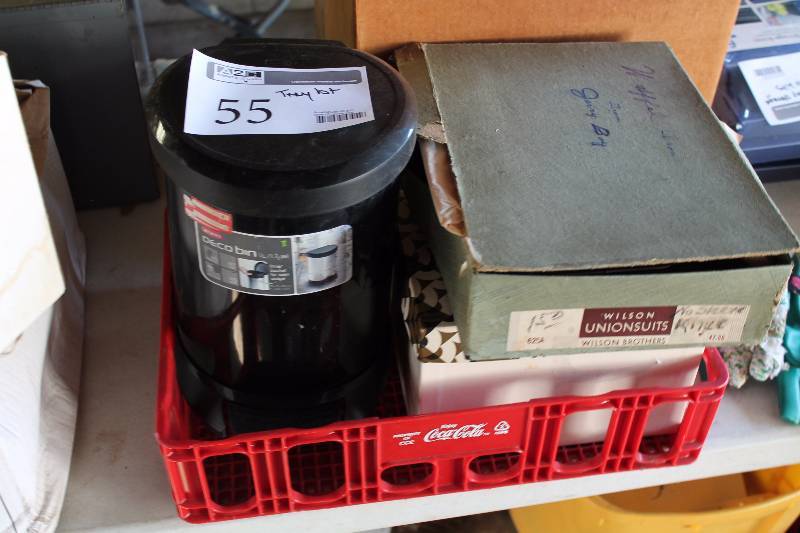 lot 55 image: Tray Lot Includes Stainless Steel Waffle Maker, 1.3-Gallon Deco Bin, And More