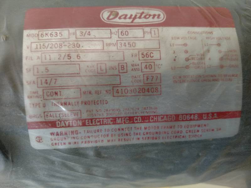 lot 25 image: Dayton 34 hp. Motor, 115208-230v,...
