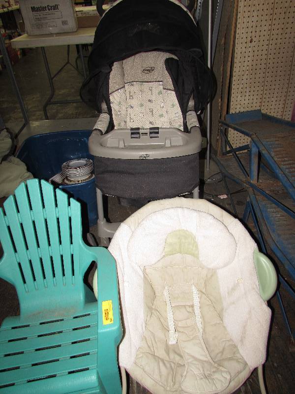 BABY STROLLER, BOUNCY SEAT AND SMALL CHAIR