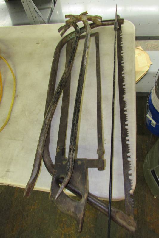 BOW SAW, TWO CROW BARS, DRILL BIT WITH EXTENSION