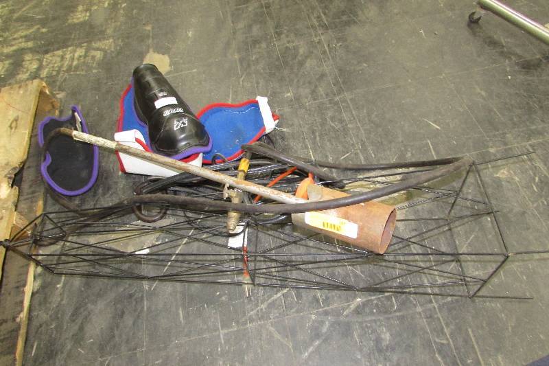 MISC GARAGE ITEMS, TORCH, CORD, CHILDS HOCKEY PADS, LAWN DECOR TOWER