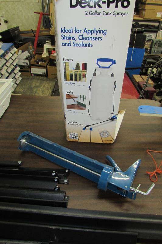 DECK-PRO 2 GALLON SPRAYER, LARGE CAULKING GUN AND SHELVING UNIT FRAME WORK