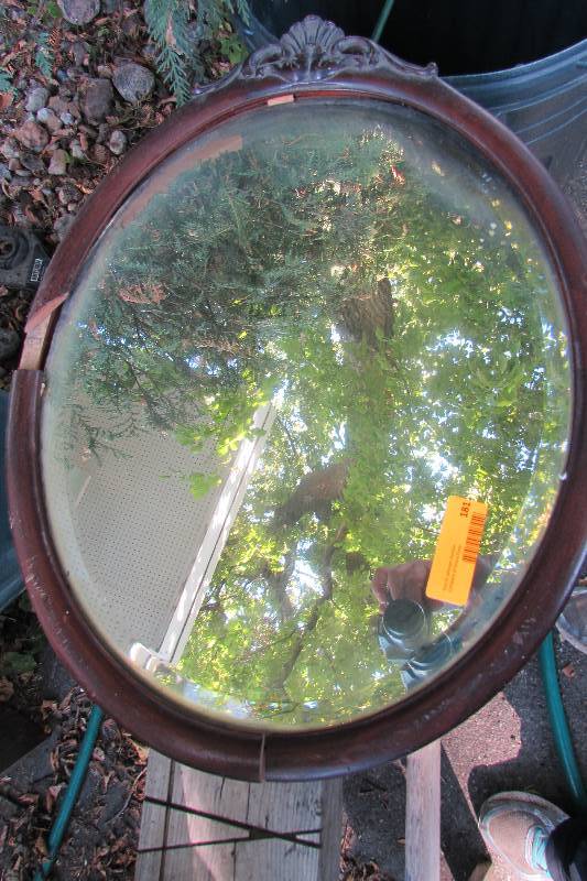 ANTIQUE BEVELED OVAL MIRROR, FRAME NEEDS A LITTLE TLC