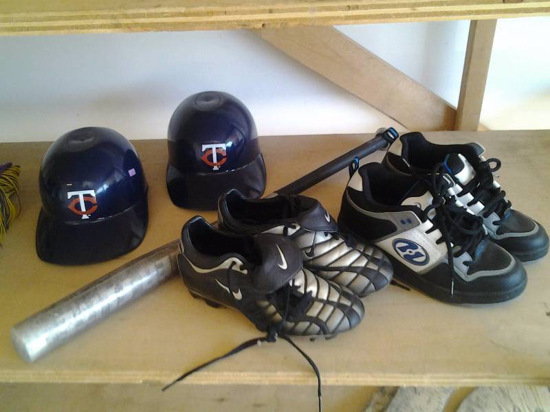 Aluminum Bat, 2-Mn Twins Helmets, Nike Cleats Size 7- 12,  Heelys Size 7