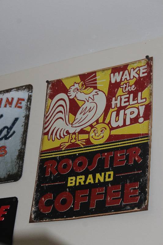 lot 85 image: Rooster Brand Coffee Wake The Hell Up Metal Sign