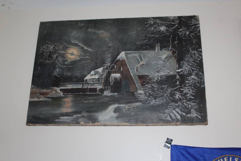 lot 115 image: Cabin Painting by M. Cold 1892 Signed Framed Wall Art