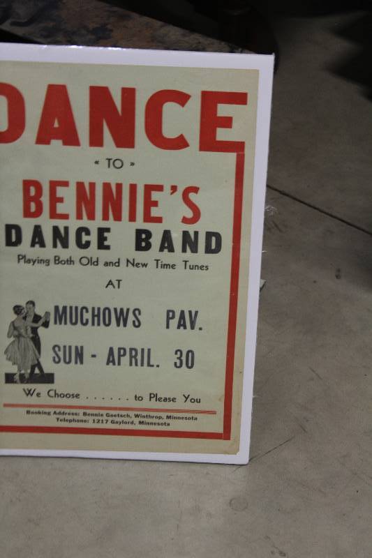 lot 177 image: Dance To Bennies Dance Band Muchows Pavilion Sign