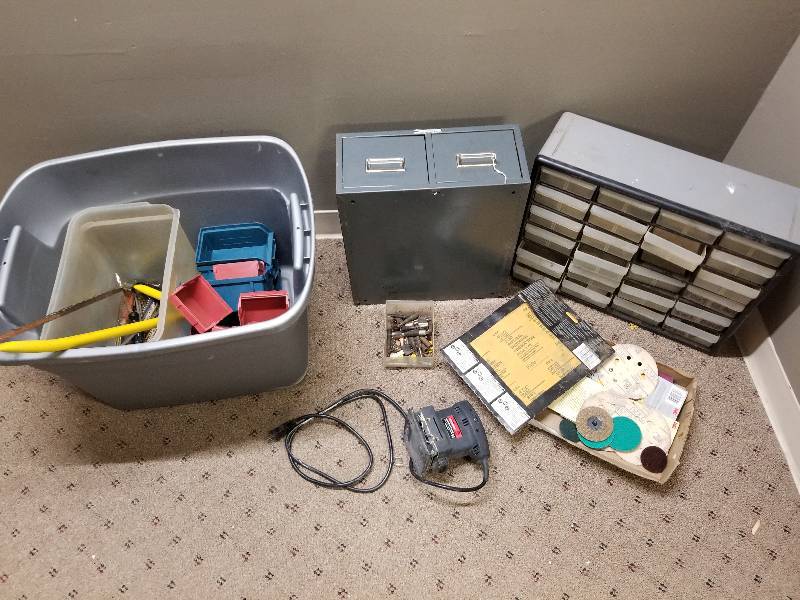 lot 137 image: Lot - Organizers, Master Orbit Sander, Saw, Etc