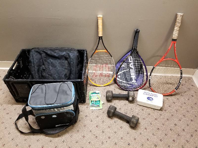 lot 139 image: Lot - Coolers, Tennis Rackets, Weights, etc
