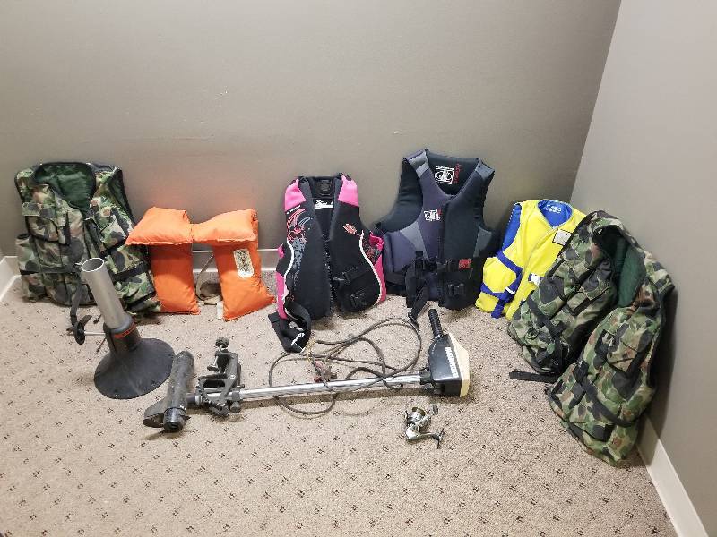 lot 87 image: Lot - Duck Hunting Life Jackets, Boat Seat Pedestal Base Fishing Reel, Rear MinnKota Trolling Motor