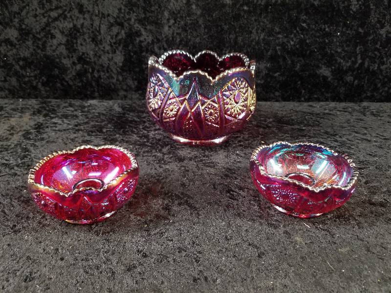 lot 69 image: Lot  Carnival Glass Bowl & Candle Holders, Beautiful