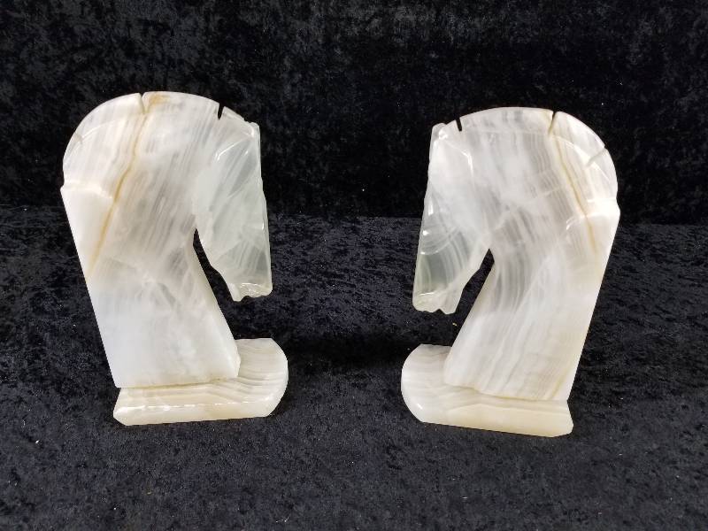 lot 73 image: Vintage Carved Onyx Horsehead Bookends