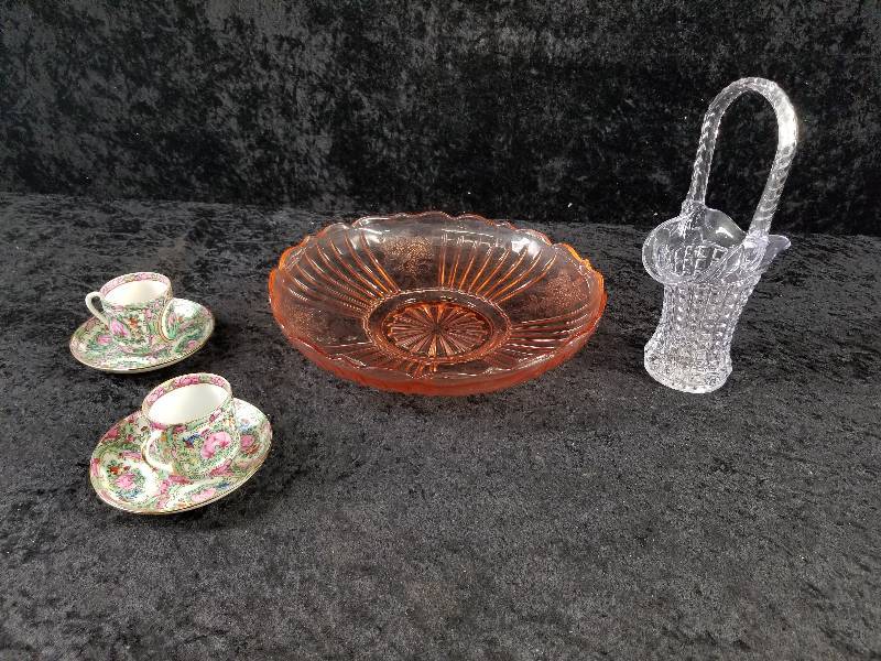 lot 79 image: Lot - Misc Glassware, Pink Depression, Japan Teacup & Saucers, etc