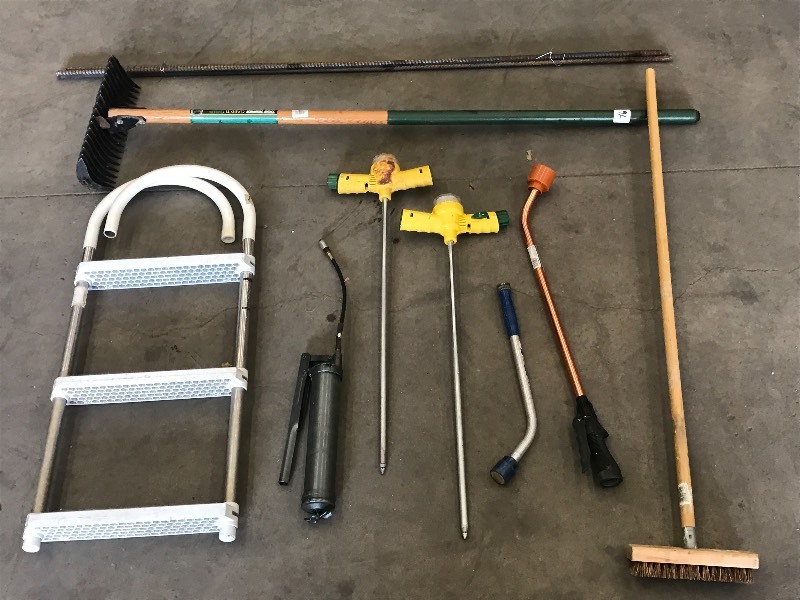 lot 96 image: Pool Ladder, Fertilizer Stakes, Hand Tools, Etc