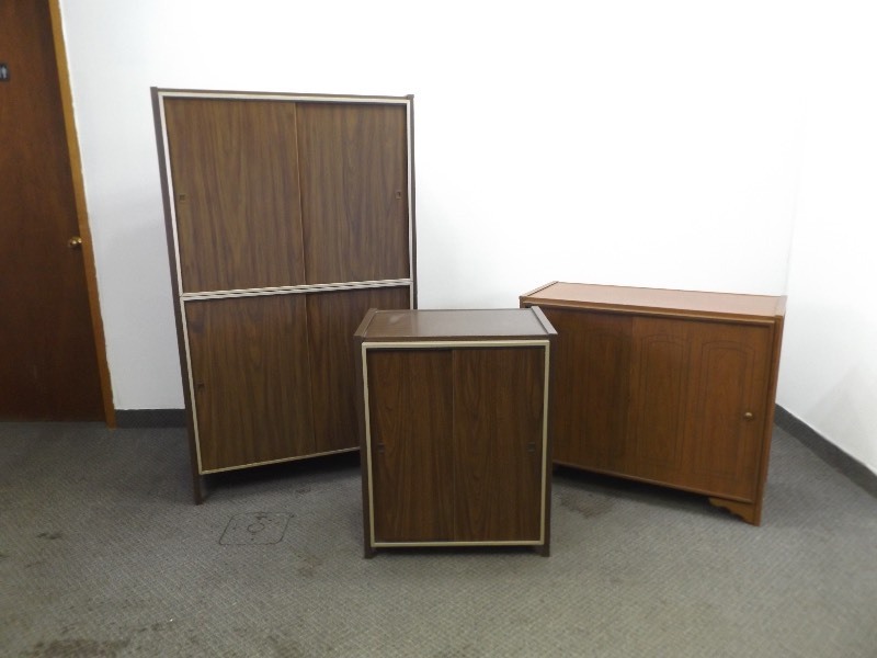 lot 16 image: 3 Vintage Sliding Door Metal Framed Cabinets