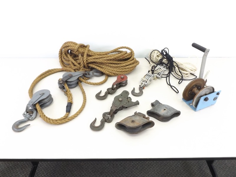 lot 24 image: Lot of Pulleys, Ropes, Hooks, etc.