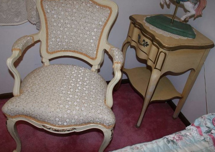 lot 27 image: Vintage French Provincial Night Stand and Chair